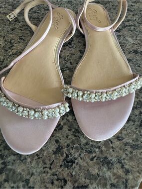 Jewel Badgley Mischka Blush Pink Satin Pearl & Crystal Flat Sandals